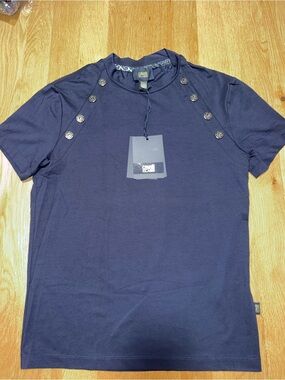 Cavalli Class Navy Short-Sleeve Button-Shoulder Tee